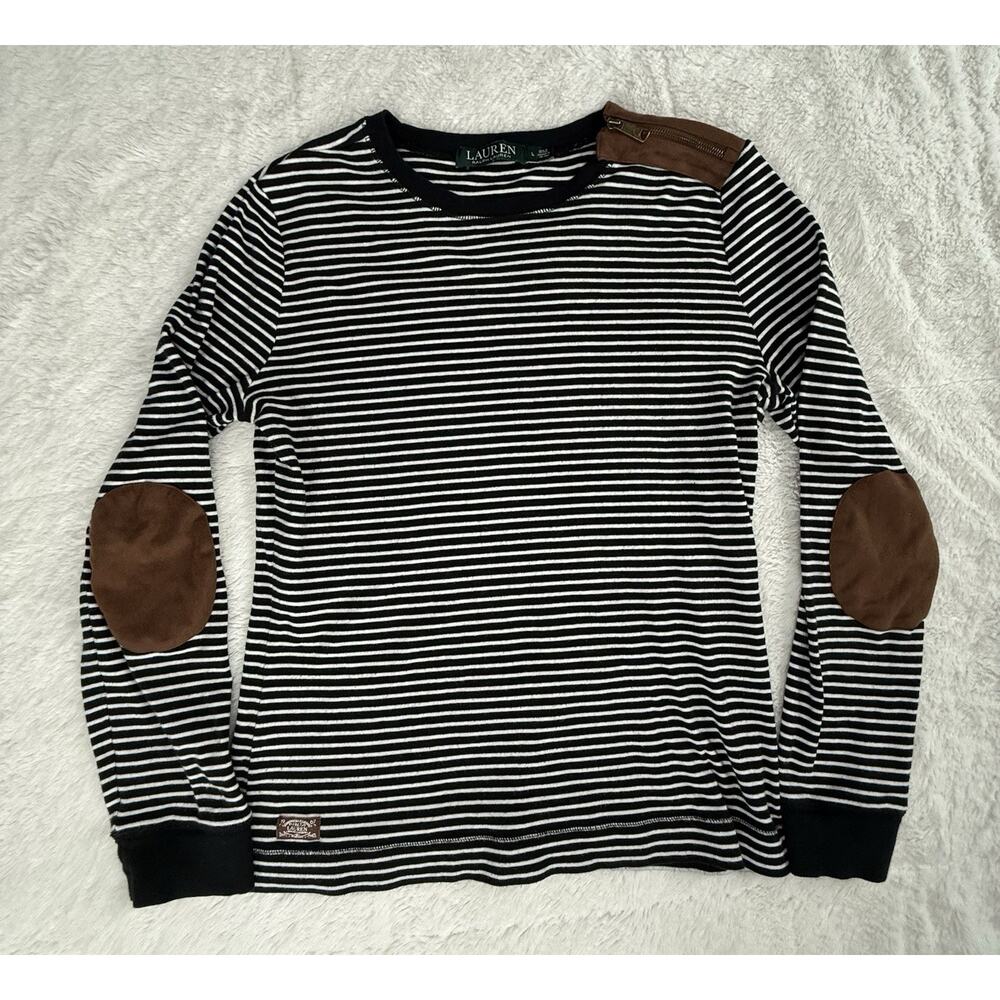 Lauren RL Black & White Striped Leather Elbow Patch Long Sleeve Tee Size Large